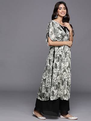 Women Floral Print High Slit Beaded Pure Silk Kurta With Palazzos & Dupatta 5