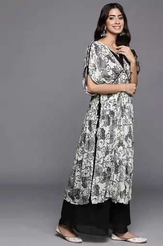 Women Floral Print High Slit Beaded Pure Silk Kurta With Palazzos & Dupatta