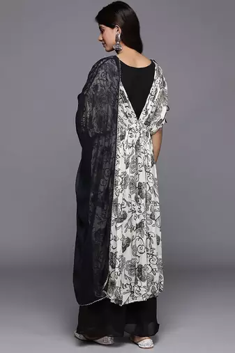 Women Floral Print High Slit Beaded Pure Silk Kurta With Palazzos & Dupatta