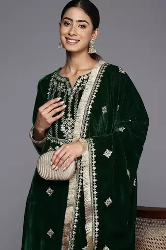 Winter Yoke Embroidered Velvet Kurta with Trousers & Dupatta