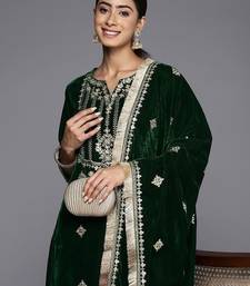 Winter Yoke Embroidered Velvet Kurta with Trousers & Dupatta