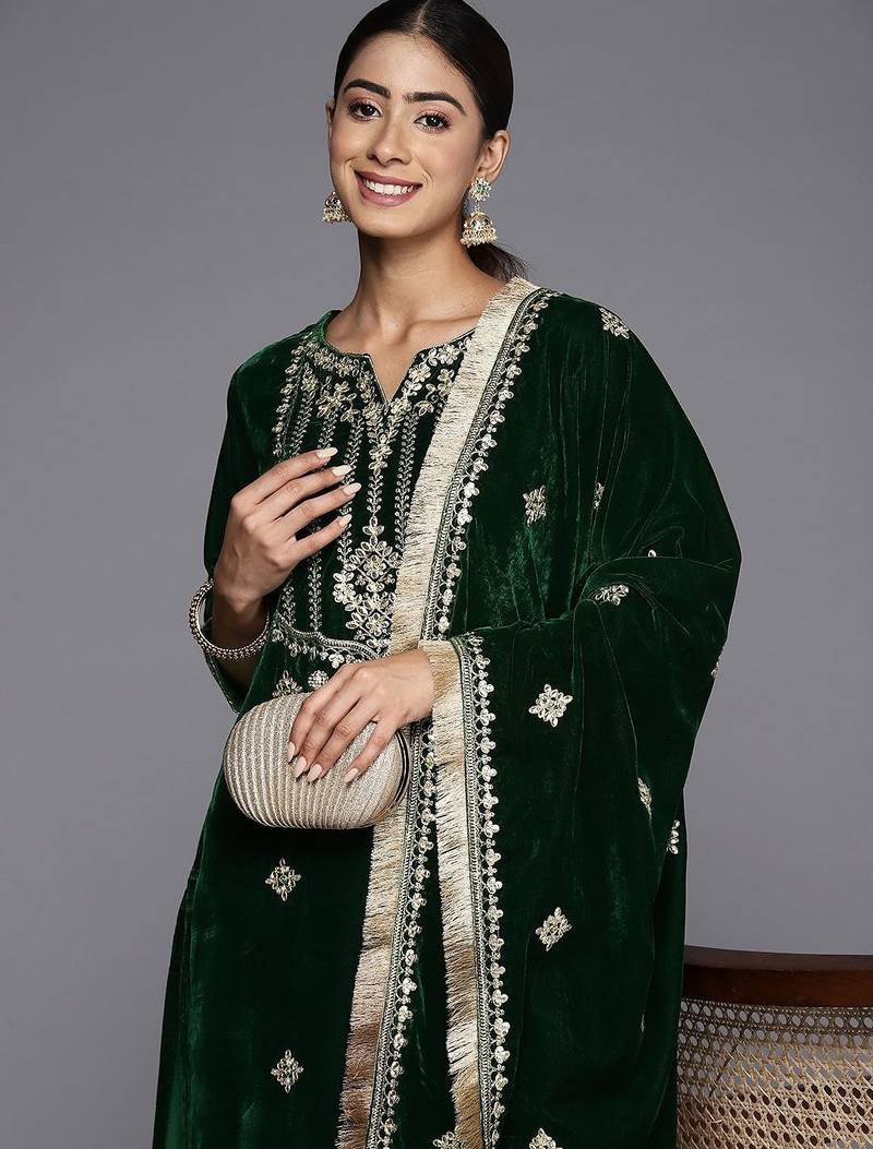 Winter Yoke Embroidered Velvet Kurta with Trousers & Dupatta