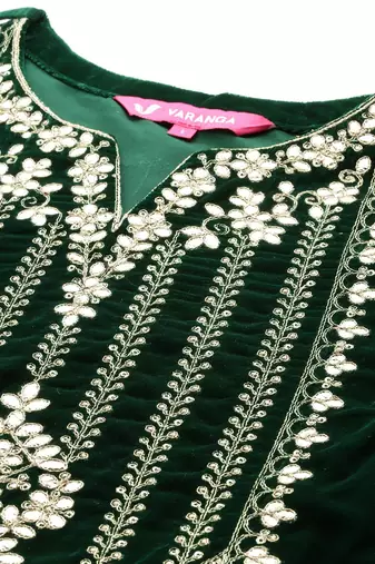 Winter Yoke Embroidered Velvet Kurta with Trousers & Dupatta