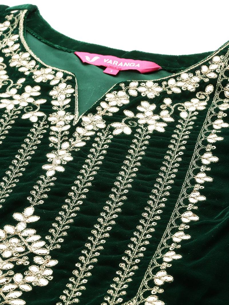 Winter Yoke Embroidered Velvet Kurta with Trousers & Dupatta