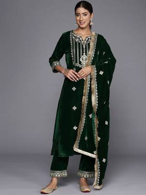 Winter Yoke Embroidered Velvet Kurta with Trousers & Dupatta 1