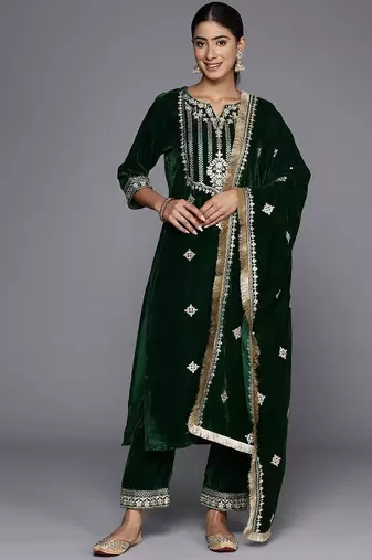 Winter Yoke Embroidered Velvet Kurta with Trousers & Dupatta