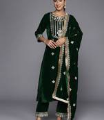 Winter Yoke Embroidered Velvet Kurta with Trousers & Dupatta
