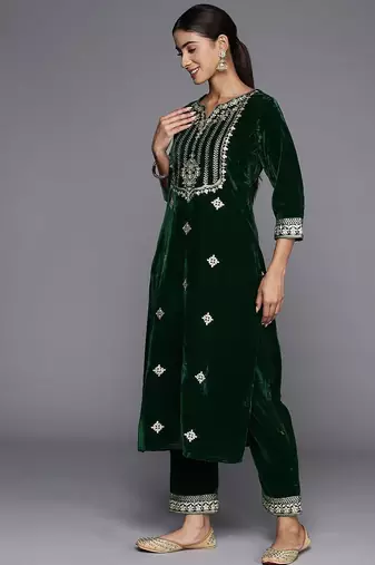 Winter Yoke Embroidered Velvet Kurta with Trousers & Dupatta