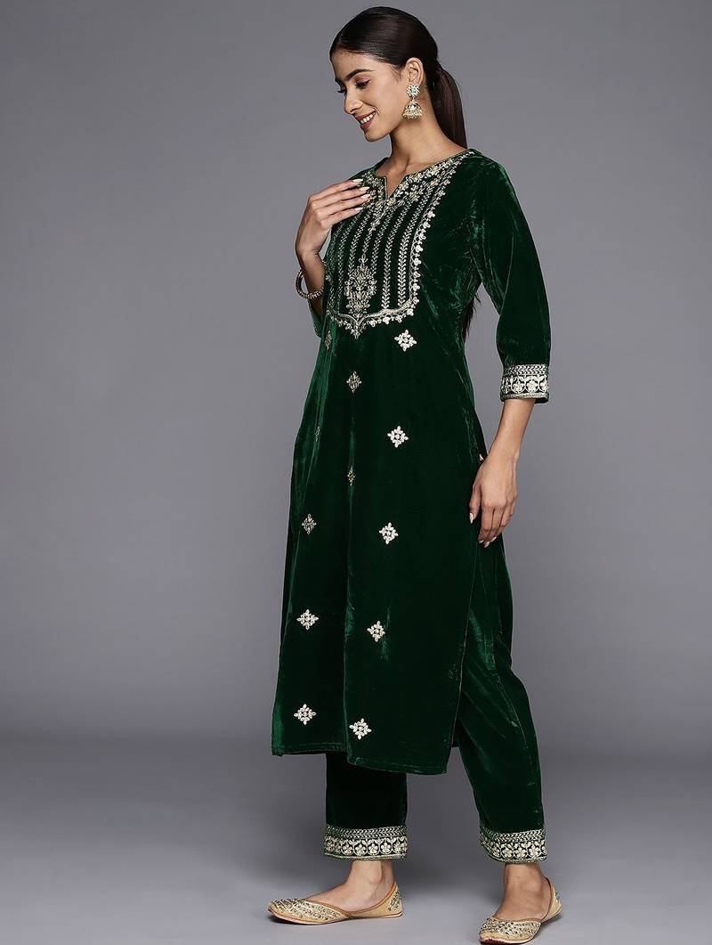 Winter Yoke Embroidered Velvet Kurta with Trousers & Dupatta