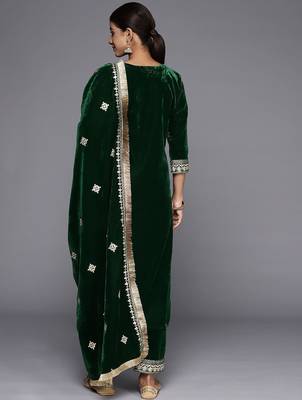 Winter Yoke Embroidered Velvet Kurta with Trousers & Dupatta 7
