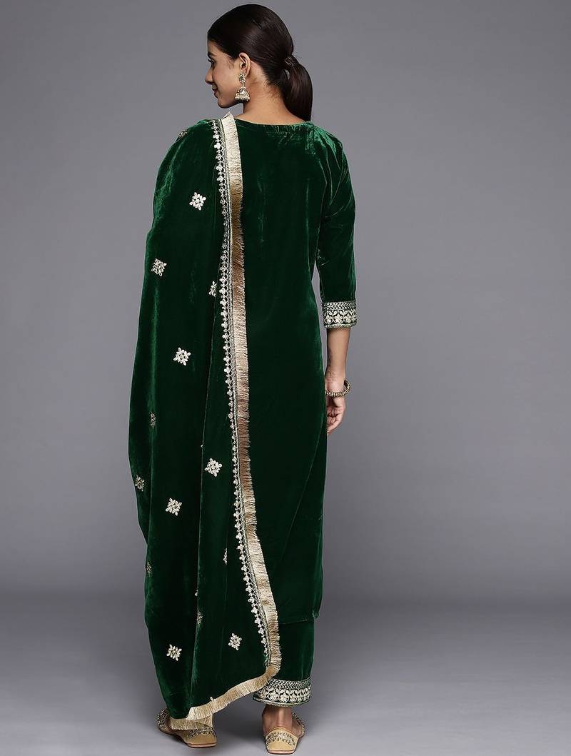 Winter Yoke Embroidered Velvet Kurta with Trousers & Dupatta