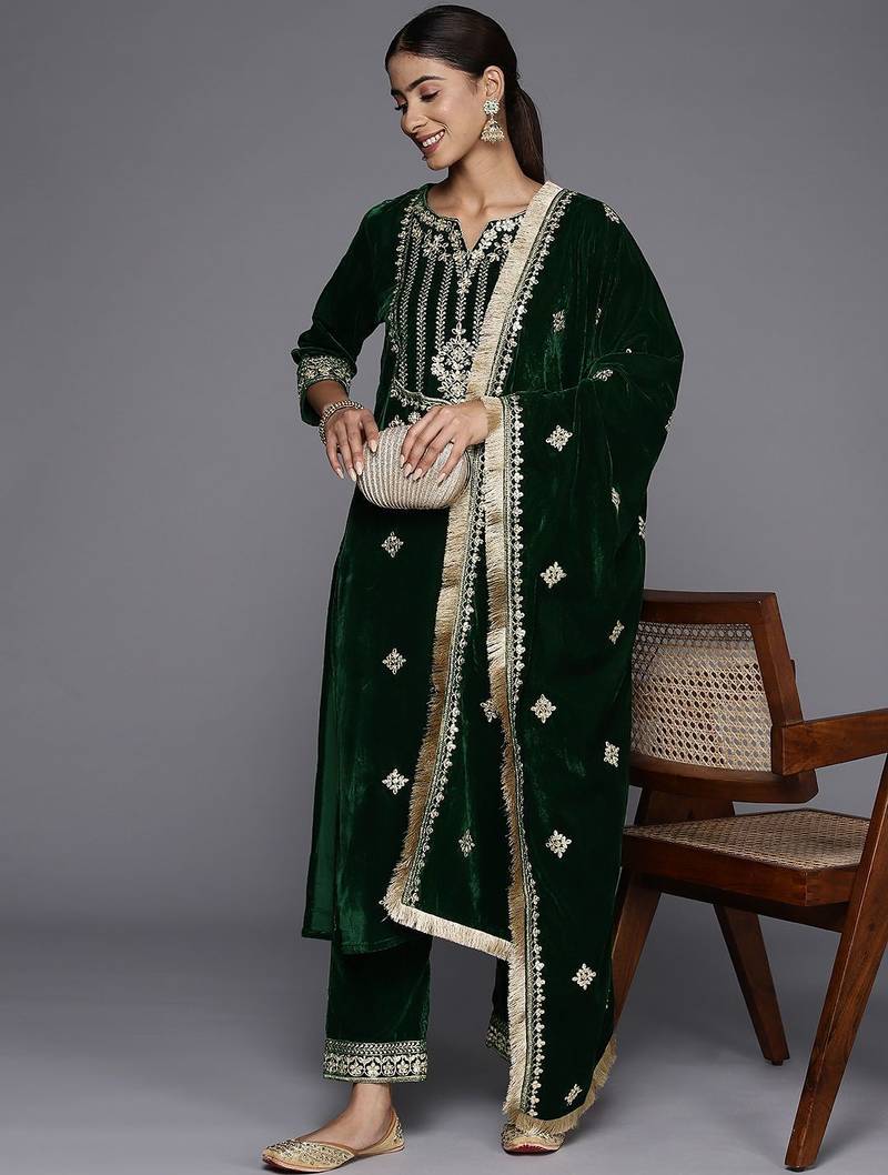 Winter Yoke Embroidered Velvet Kurta with Trousers & Dupatta
