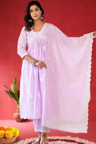 Women Ethnic Motifs Pure Cotton Anarkali Kurta with Trouser & Dupatta