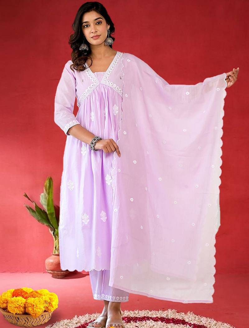 Women Ethnic Motifs Pure Cotton Anarkali Kurta with Trouser & Dupatta