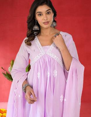 Women Ethnic Motifs Pure Cotton Anarkali Kurta with Trouser & Dupatta 5