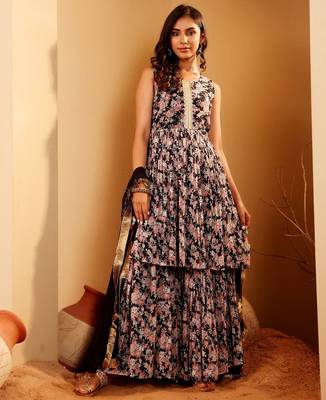 Floral Printed Round Neck Empire Anarkali Kurta With Sharara And Dupatta 1