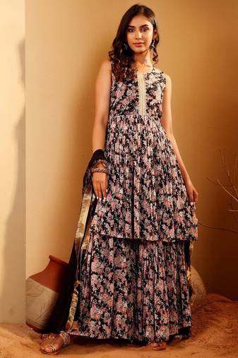 Floral Printed Round Neck Empire Anarkali Kurta With Sharara And Dupatta
