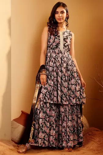 Floral Printed Round Neck Empire Anarkali Kurta With Sharara And Dupatta
