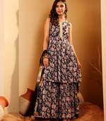 Floral Printed Round Neck Empire Anarkali Kurta With Sharara And Dupatta