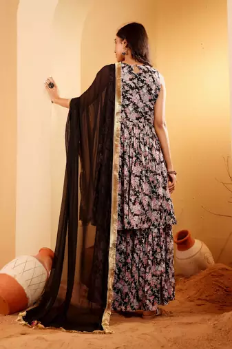 Floral Printed Round Neck Empire Anarkali Kurta With Sharara And Dupatta