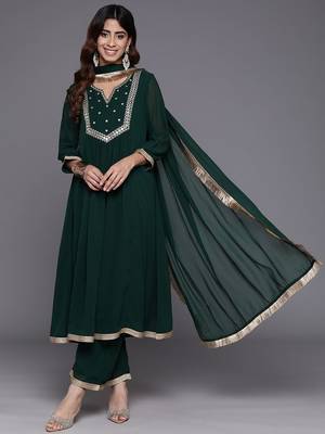 Women Embroidered Empire Mirror Work Silk Georgette Kurta with Trousers & With Dupatta 1