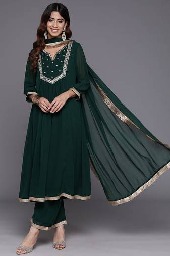 Women Embroidered Empire Mirror Work Silk Georgette Kurta with Trousers & With Dupatta