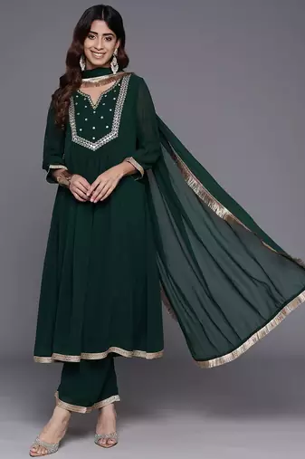 Women Embroidered Empire Mirror Work Silk Georgette Kurta with Trousers & With Dupatta