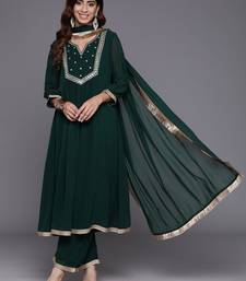Women Embroidered Empire Mirror Work Silk Georgette Kurta with Trousers & With Dupatta