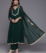 Women Embroidered Empire Mirror Work Silk Georgette Kurta with Trousers & With Dupatta