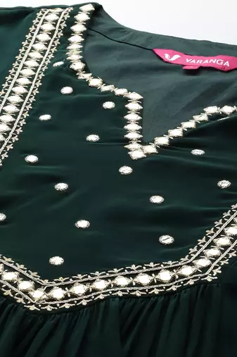 Women Embroidered Empire Mirror Work Silk Georgette Kurta with Trousers & With Dupatta