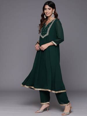 Women Embroidered Empire Mirror Work Silk Georgette Kurta with Trousers & With Dupatta 5