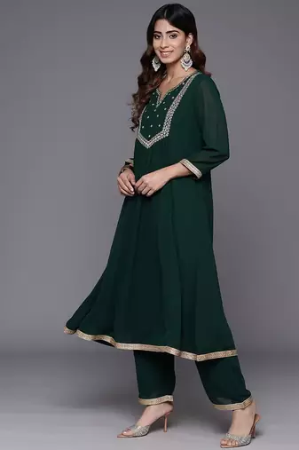 Women Embroidered Empire Mirror Work Silk Georgette Kurta with Trousers & With Dupatta