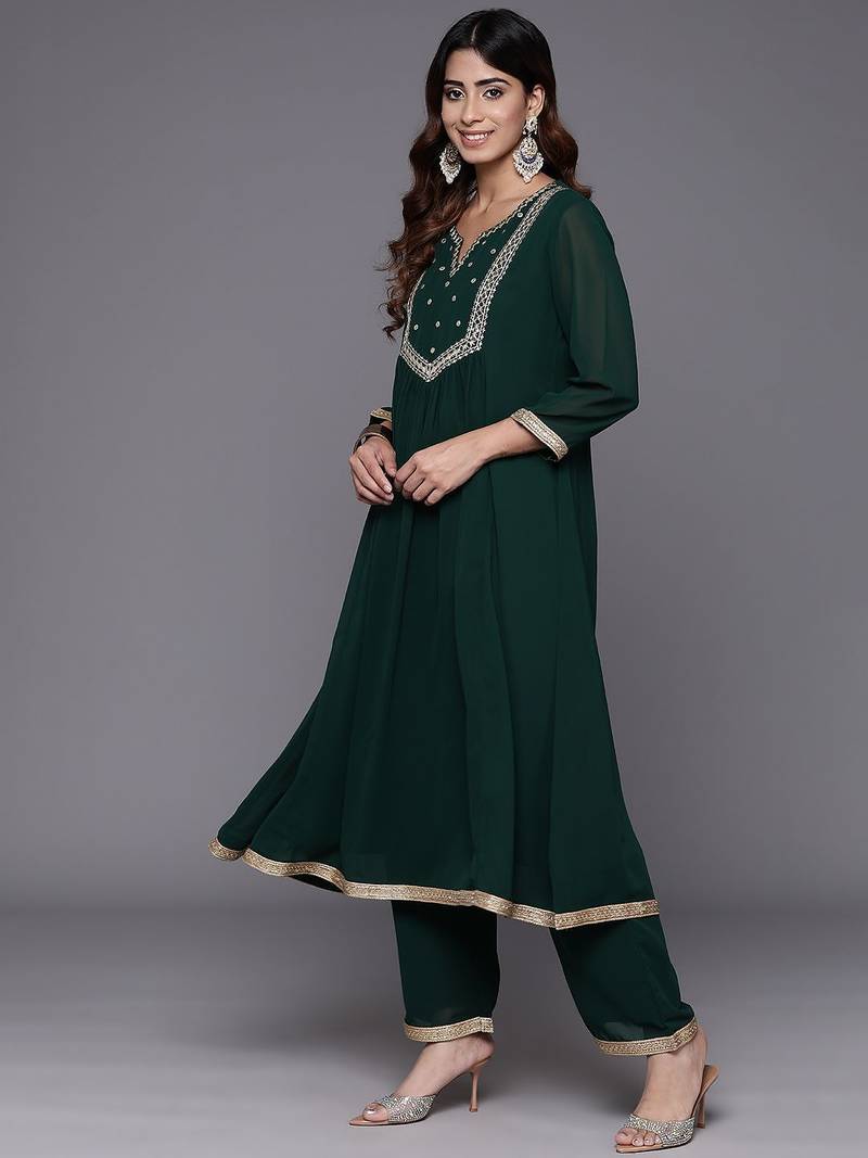 Women Embroidered Empire Mirror Work Silk Georgette Kurta with Trousers & With Dupatta
