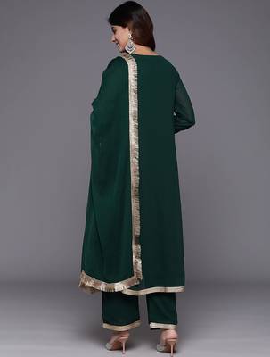 Women Embroidered Empire Mirror Work Silk Georgette Kurta with Trousers & With Dupatta 6