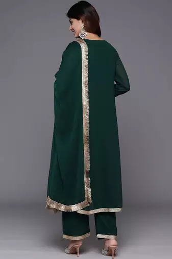 Women Embroidered Empire Mirror Work Silk Georgette Kurta with Trousers & With Dupatta