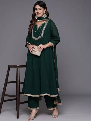 Women Embroidered Empire Mirror Work Silk Georgette Kurta with Trousers & With Dupatta 7
