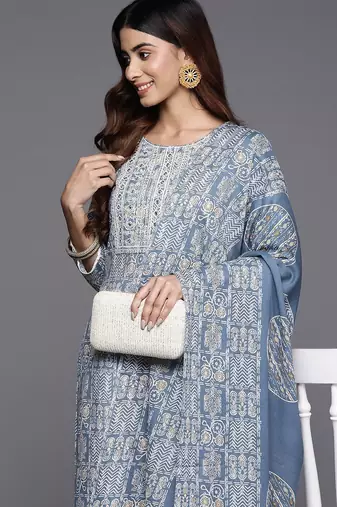 Geometric Printed Thread Work Kurta with Trousers & Dupatta