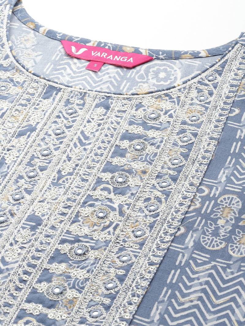 Geometric Printed Thread Work Kurta with Trousers & Dupatta