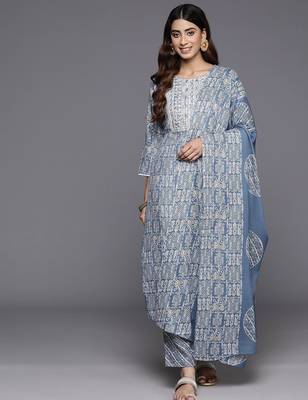 Geometric Printed Thread Work Kurta with Trousers & Dupatta 1