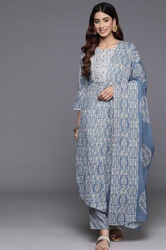 Geometric Printed Thread Work Kurta with Trousers & Dupatta