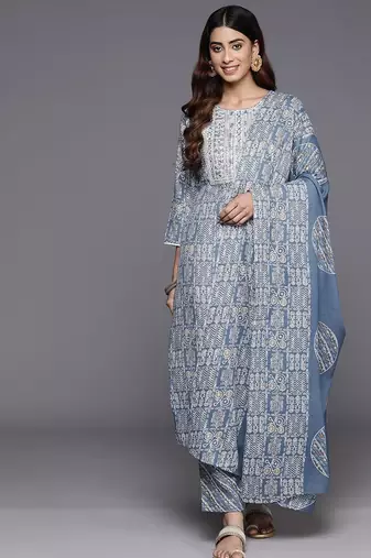 Geometric Printed Thread Work Kurta with Trousers & Dupatta