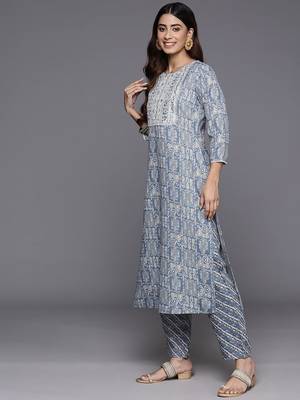 Geometric Printed Thread Work Kurta with Trousers & Dupatta 6