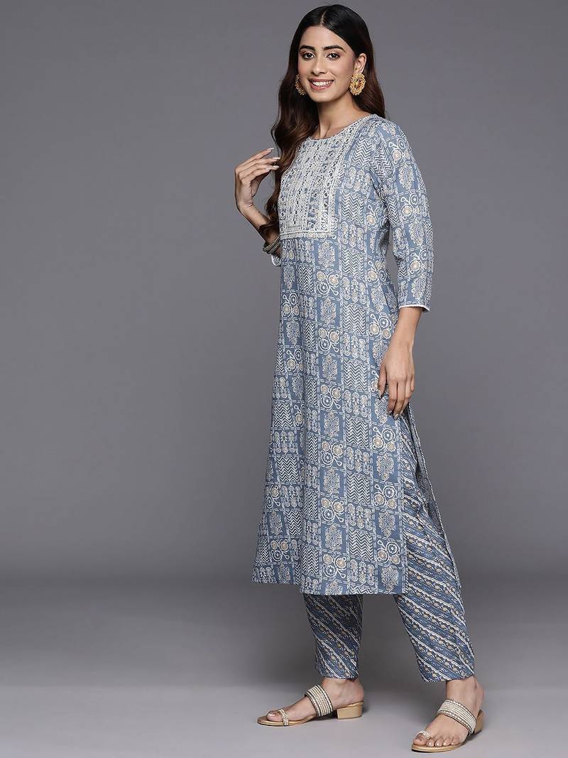 Geometric Printed Thread Work Kurta with Trousers & Dupatta