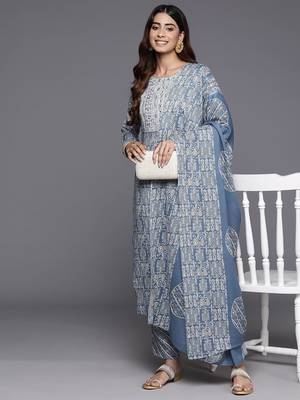 Geometric Printed Thread Work Kurta with Trousers & Dupatta 8