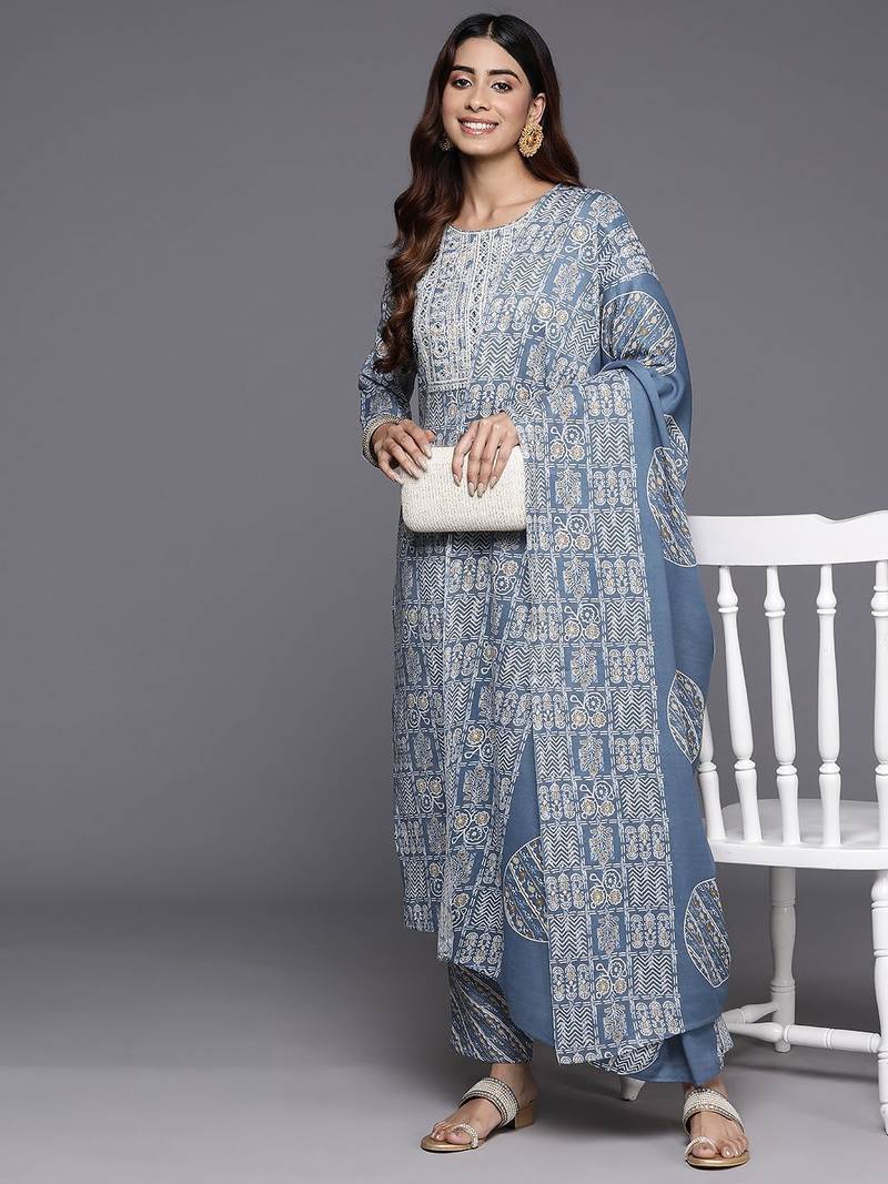 Geometric Printed Thread Work Kurta with Trousers & Dupatta