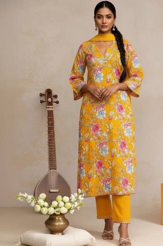 Women Floral Printed Regular Thread Work Kurta with Trousers & With Dupatta