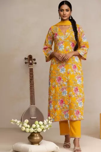 Women Floral Printed Regular Thread Work Kurta with Trousers & With Dupatta