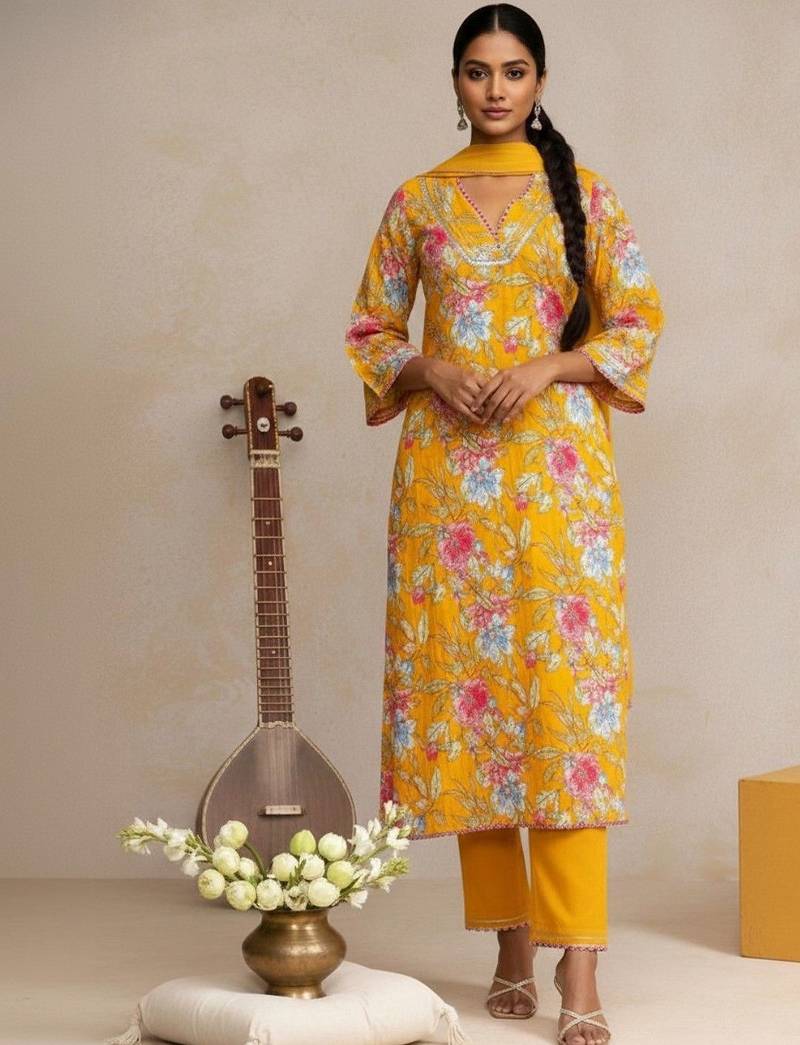 Women Floral Printed Regular Thread Work Kurta with Trousers & With Dupatta