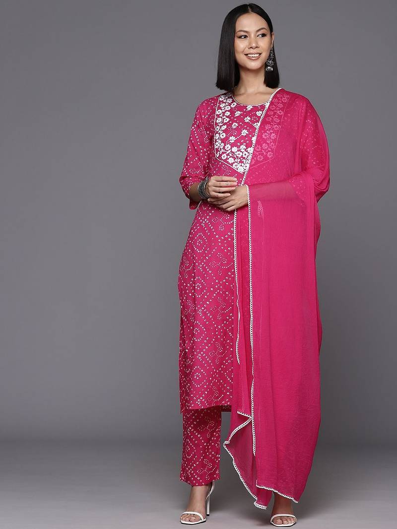 Women Floral Yoke Design Regular Thread Work Cotton Kurta with Trousers & Dupatta