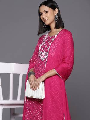 Women Floral Yoke Design Regular Thread Work Cotton Kurta with Trousers & Dupatta 5